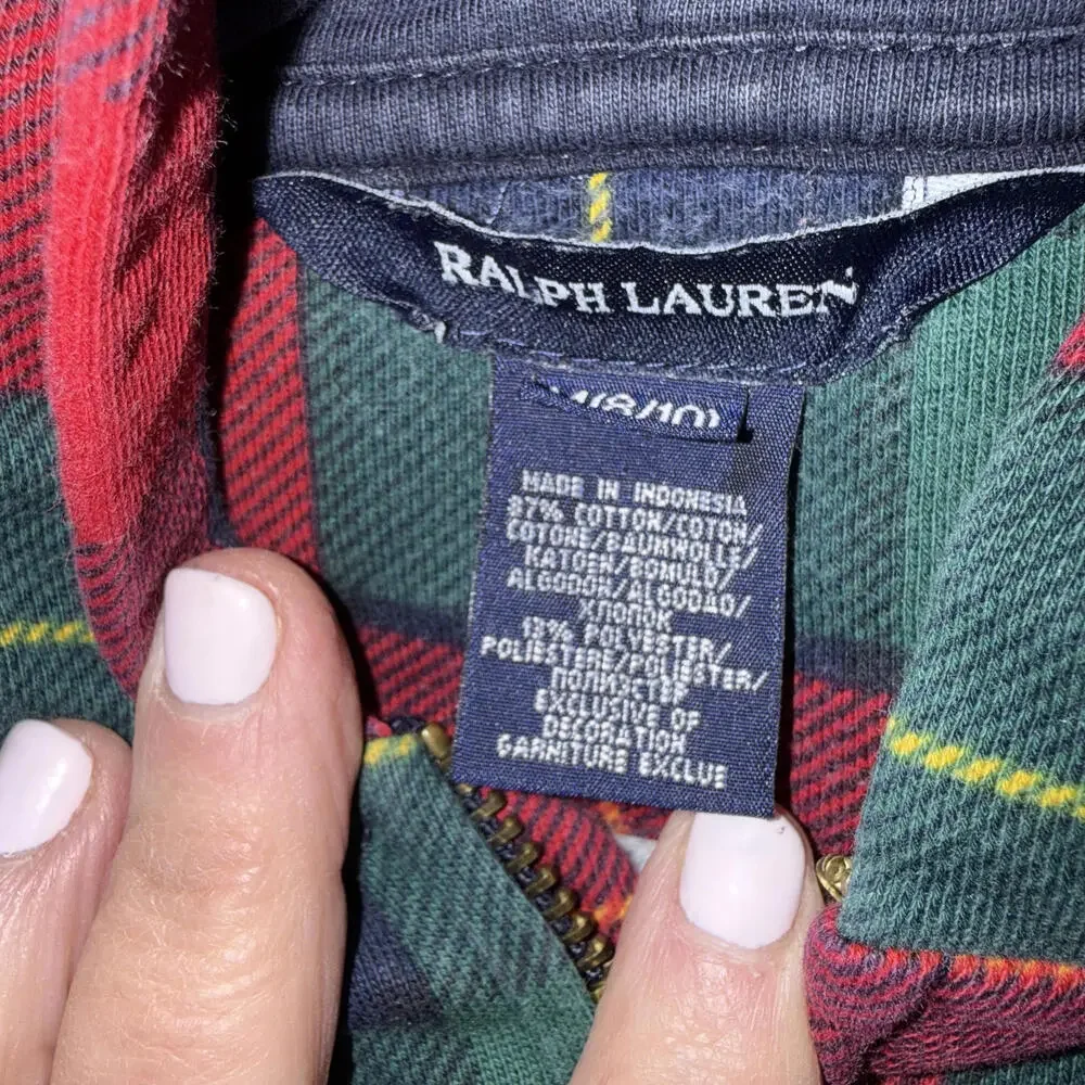 RALPH LAUREN Boys M (8/10) Tartan Full Zip Hoodie Gold Logo Preppy Quiet Luxury‎